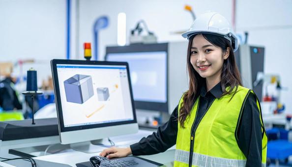 工場の三次元測定機を使う作業服の女性 工場の三次元測定機を使う作業服の女性の写真