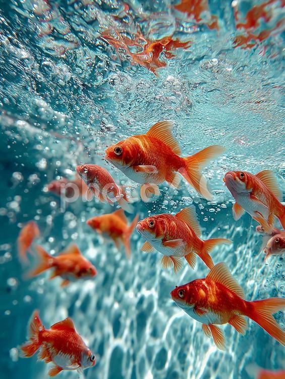きらめく水中で戯れる金魚のクローズアップ 金魚,魚,熱帯魚の写真素材
