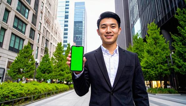 携帯画面を見せて笑うビジネスマン 携帯画面を見せて笑うビジネスマンの写真