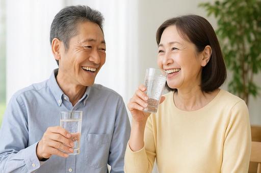 炭酸水を笑顔で飲む夫婦 炭酸水を笑顔で飲む夫婦の写真