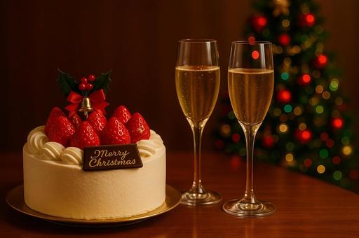 苺のホールクリスマスケーキとシャンパン 苺のホールクリスマスケーキとシャンパンの写真