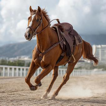 砂煙を巻き上げ力強く疾走する栗毛の競走馬 砂煙を巻き上げ力強く疾走する栗毛の競走馬の写真
