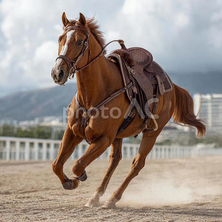 砂煙を巻き上げ力強く疾走する栗毛の競走馬 馬,競走馬,栗毛の写真素材