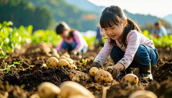 芋掘りする子供 芋掘りする子供の写真