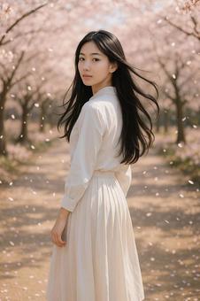 桜並木で振り返る女性(白ブラウス) 桜並木で振り返る女性(白ブラウス)の写真