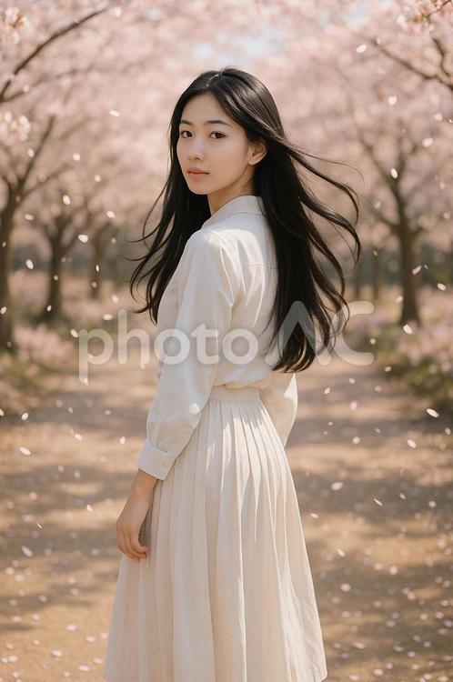 桜並木で振り返る女性（白ブラウス） 春,春ファッション,春コーデの写真素材