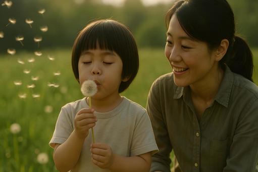 たんぽぽと親子の微笑 たんぽぽと親子の微笑の写真