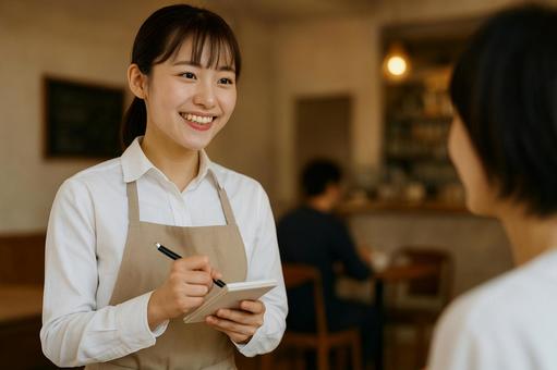 カフェで働く女性 カフェで働く女性の写真