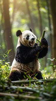 竹をかじる元気なジャイアントパンダ 竹をかじる元気なジャイアントパンダの写真