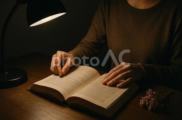 デスクライトと夜の読書・静かな時間・勉強 デスクライト,夜の読書,勉強時間の写真素材