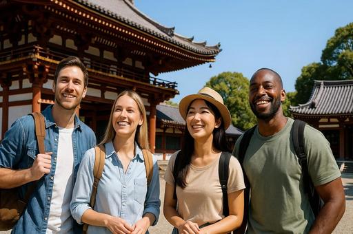 日本の寺院を訪れる外国人観光客グループの写真