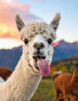 あっかんべをしているアルパカの写真