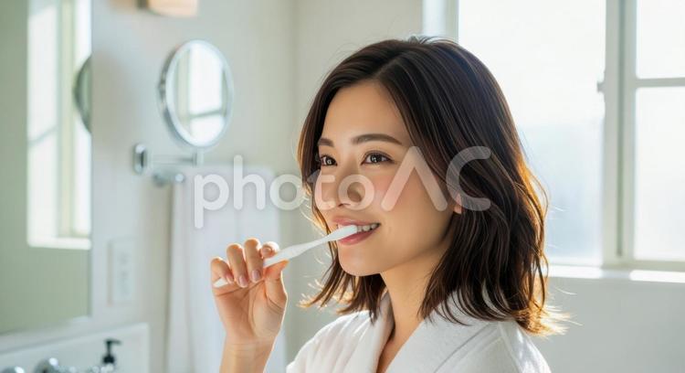 朝の洗面所で歯磨きをする若い女性 女性,歯磨き,朝の写真素材