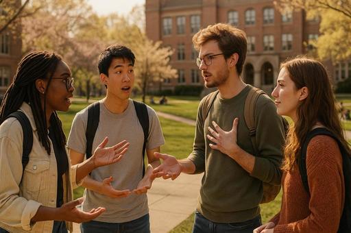 大学キャンパスでの学生会話 大学キャンパスでの学生会話の写真