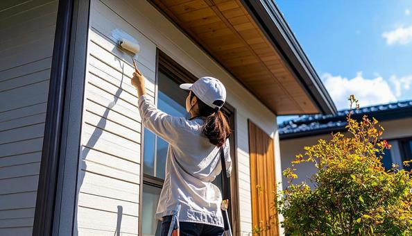 DIYで外壁塗装する女性 DIYで外壁塗装する女性の写真
