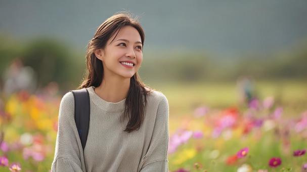 花畑の中で笑顔を見せる、美しい女性 花畑の中で笑顔を見せる、美しい女性の写真