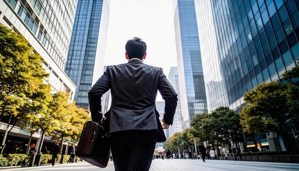 高層ビルが並ぶ都市を疾走するビジネスマン 高層ビルが並ぶ都市を疾走するビジネスマンの写真