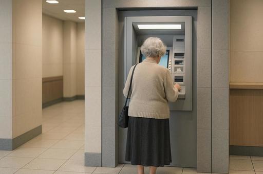 ATMを操作する高齢女性の後ろ姿 ATMを操作する高齢女性の後ろ姿の写真