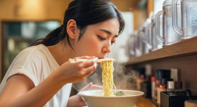 熱々ラーメンを食べる女性の飲食シーンの写真