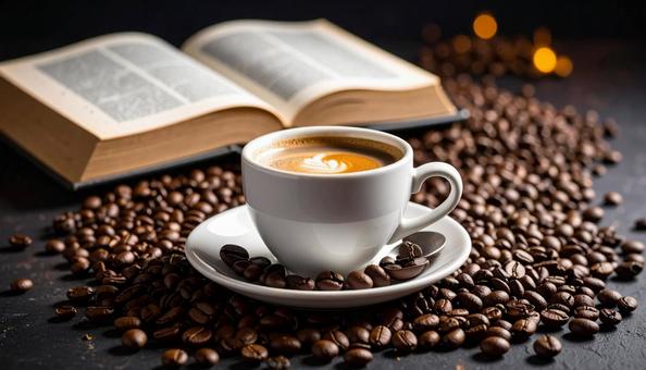 コーヒーと開いたフランス語の辞書 コーヒーと開いたフランス語の辞書の写真