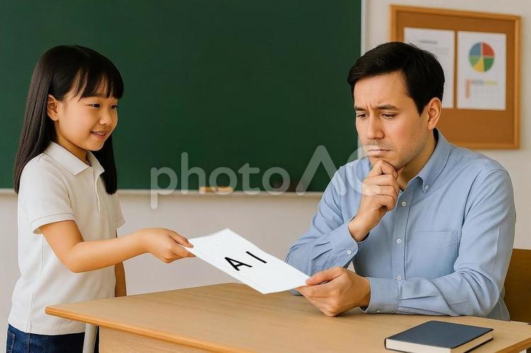 AIで作った宿題と小学生と困惑する教師 ai,生成ai,夏休みの宿題の写真素材