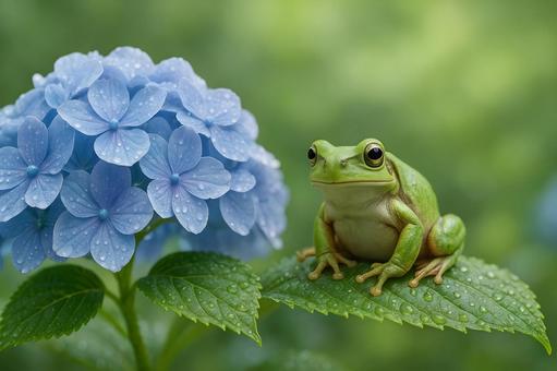 紫陽花の葉に佇むカエルの写真