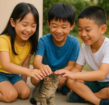 猫を可愛がるこども 猫を可愛がるこどもの写真