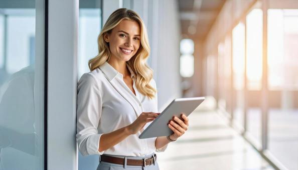 壁際に立ちタブレットを操作する外国人女性の写真