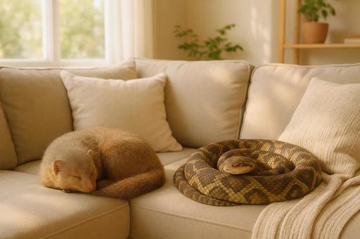A snake and a mongoose sleeping on a sofa, a hub, mongoose, animal, JPG