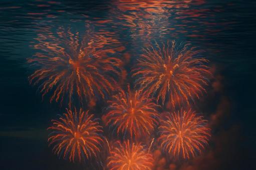 水面に映る連続花火 水面に映る連続花火の写真