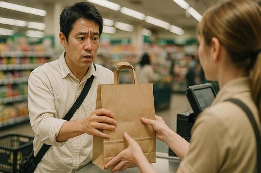 紙袋を受け取る買い物客の写真