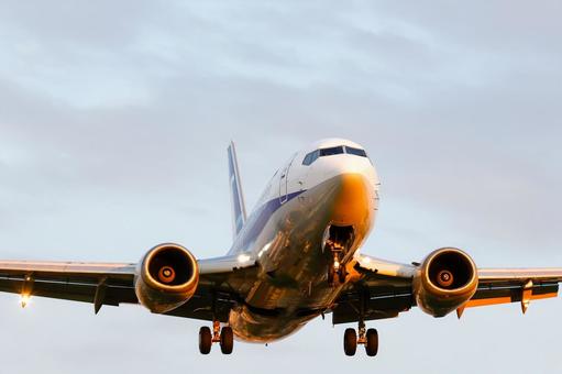 夕陽に照らされる｜真正面｜着陸機 飛行機,航空機,旅客機の写真素材