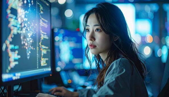未来的なオフィスで作業するプログラマーの写真