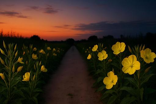 夕暮れの月見草畑の写真