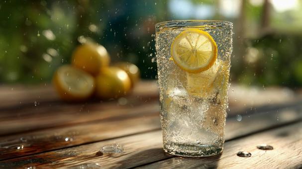 Sparkling clear lemonade on a wooden table, lemonade, glass, ice, JPG