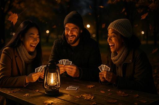 秋の公園でカード遊びの写真