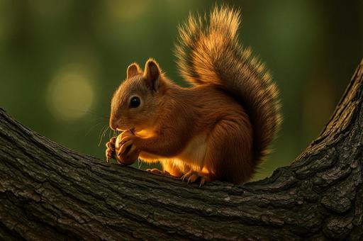 夕暮れの木の上でドングリを食べる 夕暮れの木の上でドングリを食べるの写真