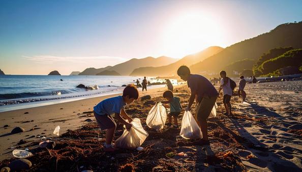 ボランティアで海辺のごみ拾いをする親子 ボランティアで海辺のごみ拾いをする親子の写真