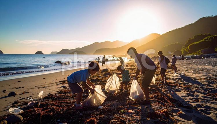 ボランティアで海辺のごみ拾いをする親子 ボランティア,砂浜,清掃の写真素材