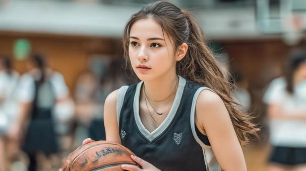 集中する女子バスケ選手 集中する女子バスケ選手の写真