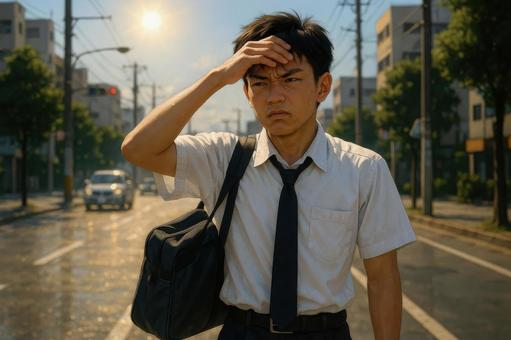 夏の通学路を歩く学生 夏の通学路を歩く学生の写真