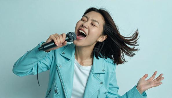 マイクを持って熱唱する日本人女性 マイクを持って熱唱する日本人女性 の写真
