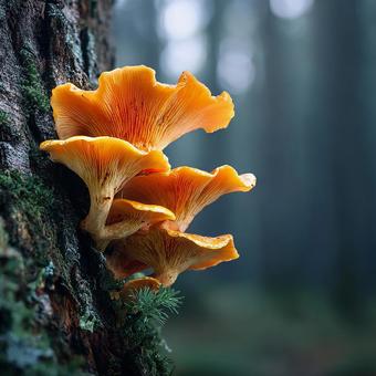 濃い森の背景に映えるキノコの塊の写真