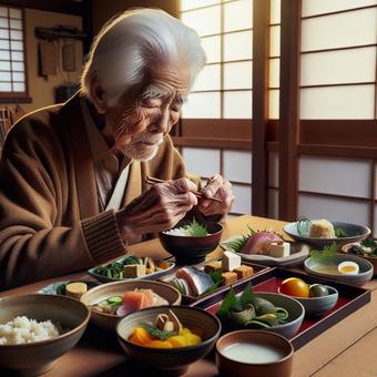 和食を楽しむ高齢者 和食を楽しむ高齢者の写真
