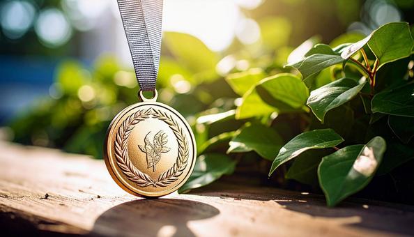 机の上に置かれた金メダルの写真