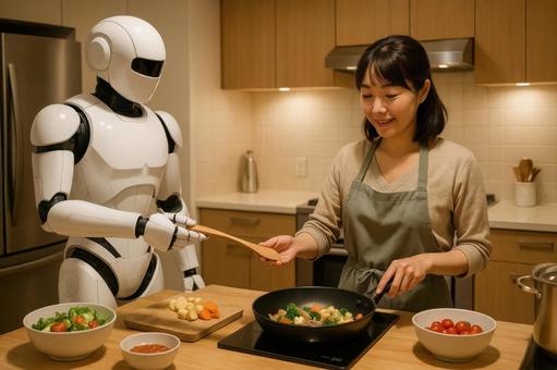 料理支援ロボットと台所の朝 料理支援ロボットと台所の朝の写真