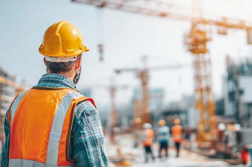 建設現場を見つめる安全ベストの作業員の写真