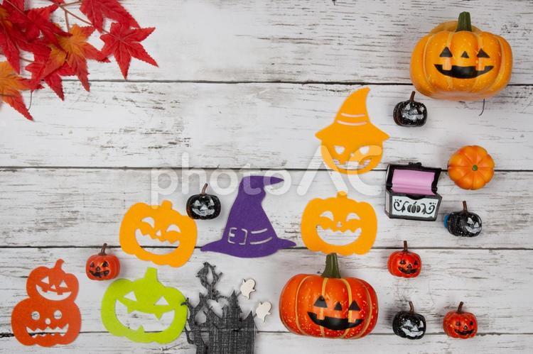 色づいたカエデとハロウィンの背景フレーム ハロウィン,ハロウィーン,halloweenの写真素材