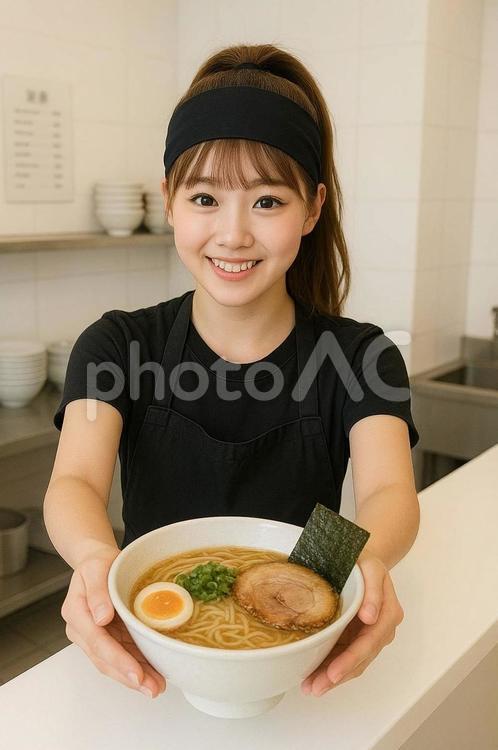 ラーメン屋さんで働く笑顔の素敵な女性 ラーメン屋さん,女性,笑顔の写真素材