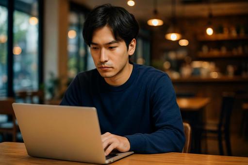 カフェで仕事をする男性 カフェで仕事をする男性の写真
